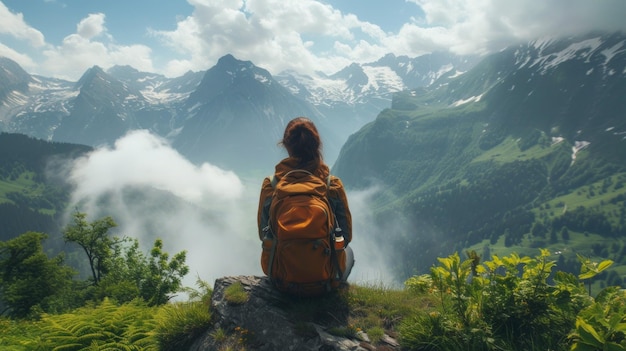 Un voyageur seul regardant une chaîne de montagnes majestueuse d'une colline paisible