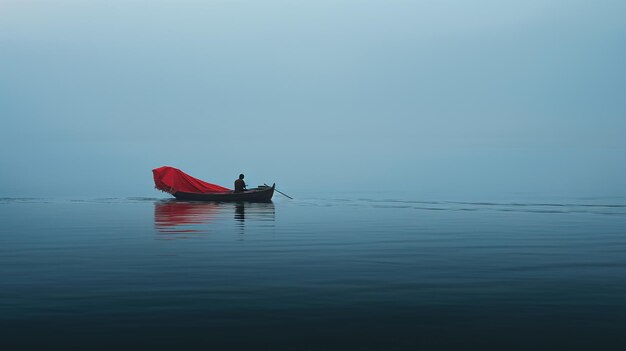 Photo voyageur solitaire bateau en bois rouge sur bleu