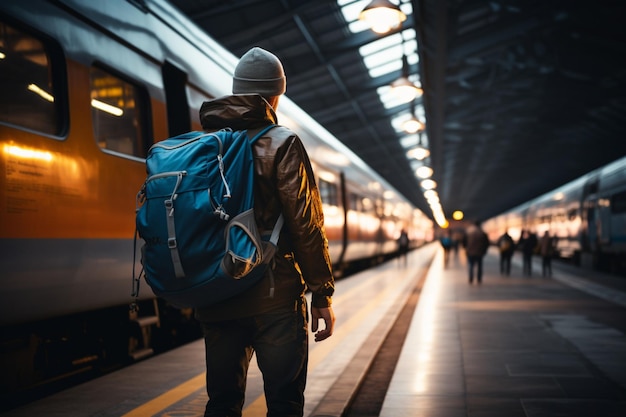 Un voyageur solitaire chargé d'un sac à dos avance avec confiance dans la gare