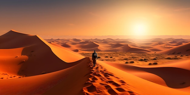 Un voyageur solitaire marchant à travers un vaste désert sous le soleil brûlant entouré de dunes de sable imposantes