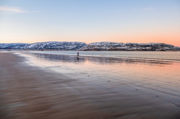 Un voyageur solitaire se déplace le long du bord de mer. Beau coucher de soleil rose sur l'océan Arctique.