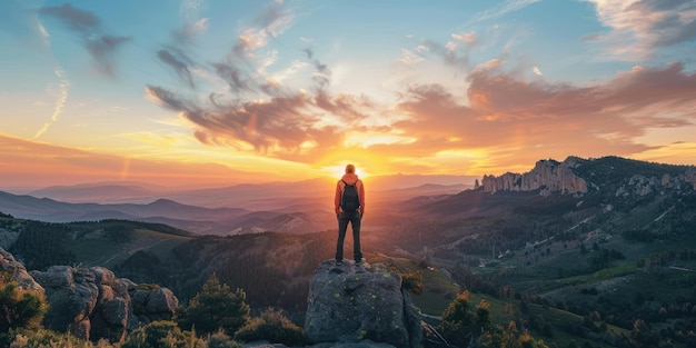 Un voyageur en solo admirant un coucher de soleil à couper le souffle au-dessus d'une chaîne de montagnes