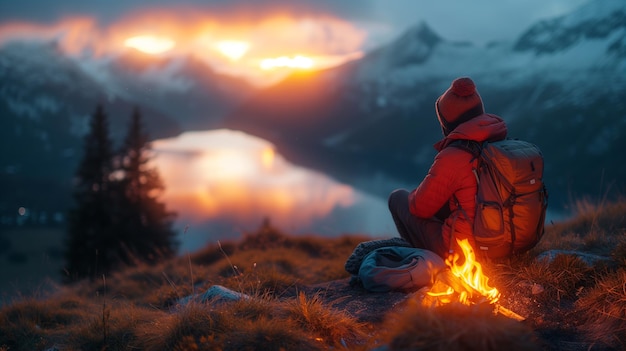Un voyageur en solo apprécie le coucher de soleil près d'un feu de camp en montagne