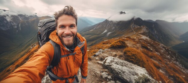 Voyageur sur le sommet d'une montagne selfie IA générative