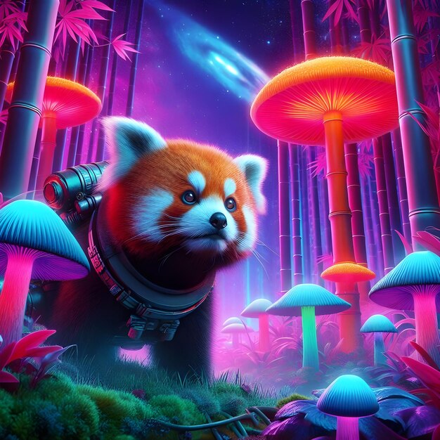 Photo un voyageur spatial panda rouge explorant une forêt surréaliste de bambou et de champignons