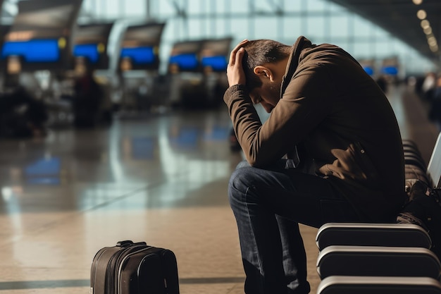 Photo un voyageur stressé à l'aéroport un homme tient sa tête dans ses mains dans le désespoir alors qu'il est assis à l' aéroport