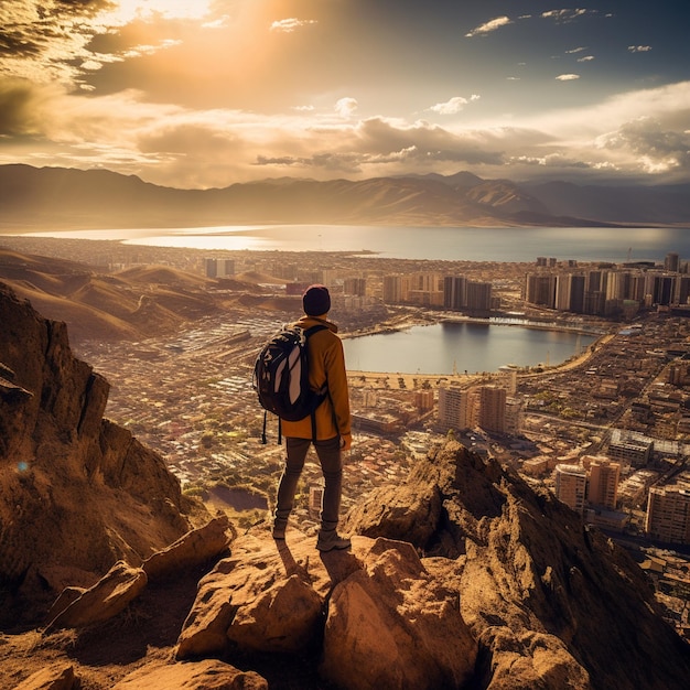 Un voyageur surplombant La Paz au coucher du soleil