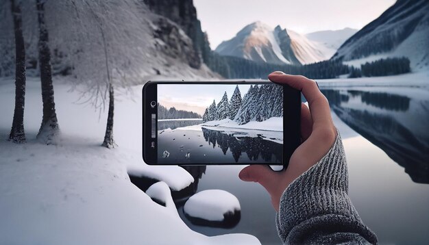 Voyageur tenant un smartphone et faisant un tournage de paysage d'hiver