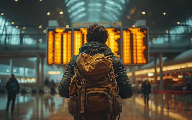 Photo voyageur vérifiant les informations de vol dans un aéroport très fréquenté