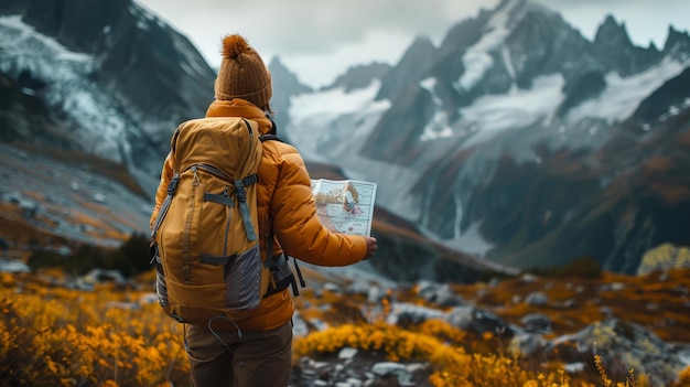 Un voyageur en veste orange et chapeau avec un sac à dos sur le dos regarde la carte debout sur la montagne