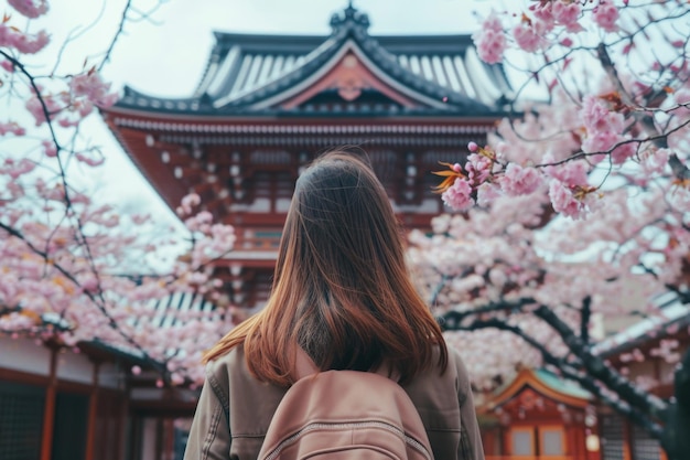 Un voyageur en visite au Japon en fleurs de cerisier