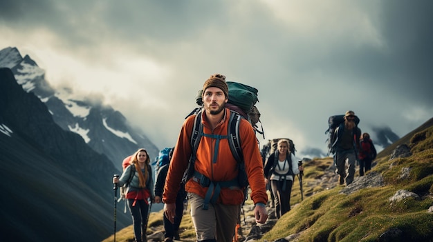 Les voyageurs marchent à travers les montagnes en vitesse Illustrateur d'IA générative