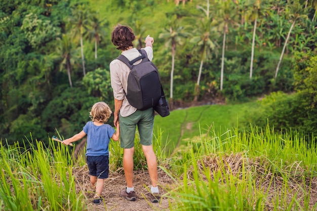 Les voyageurs de papa et de fils regardent Beautiful of rice field parmi la jungle dense.