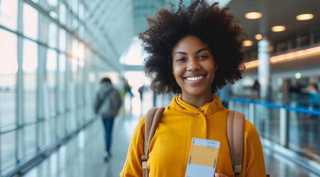 Voyageuse afro-américaine noire indépendante avec un billet dans les mains