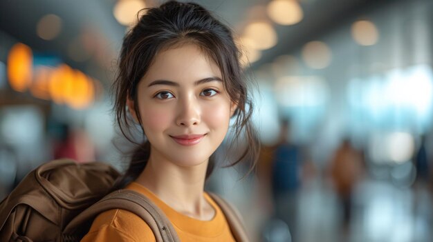 Voyageuse asiatique charmante souriante avec un sac à dos à l'aéroport contemporain zone blanche idée d'excursion de vacances d'exploration