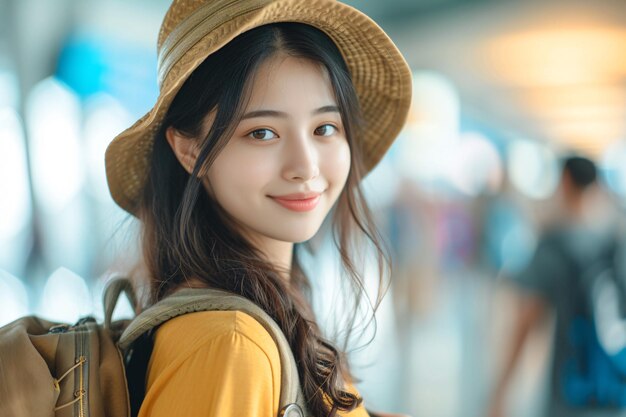 Une voyageuse asiatique joyeuse et attrayante avec un sac à dos à l'aéroport contemporain pour une aventure touristique