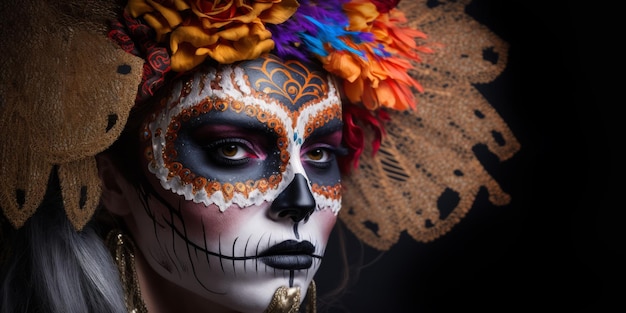 VPortrait d'une femme portant le costume de crâne mexicain du jour des morts ai générative