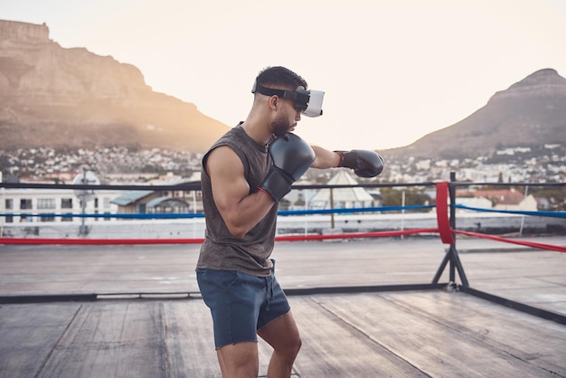 VR boxe métaverse fitness et homme avec innovation entraînement sportif pour le bien-être en ville entraînement 3d futuriste numérique et exercice avec technologie pour la santé Boxer en ring avec défi de jeu virtuel