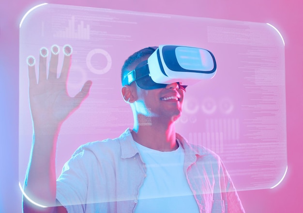 Vr main 3d futuriste et homme dans le métavers explorant un cyber-monde Réalité virtuelle de transformation numérique et superposition de données de bouton ux tactile masculin ou interface d'application ou logiciel sur fond rose