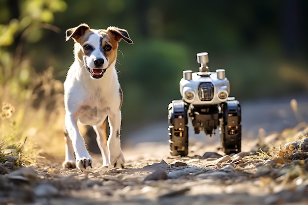 Un vrai chien et un chien robot se déplacent ensemble le long d'une route de campagne pendant la journée