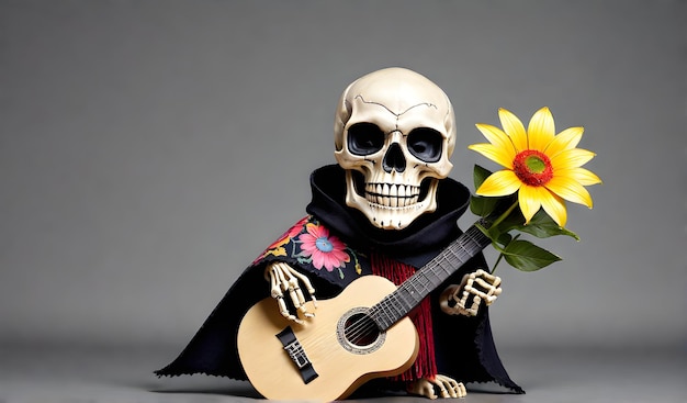 Un vrai crâne avec un grand sourire et une fleur dans l'orbite portant un poncho et tenant une guitare