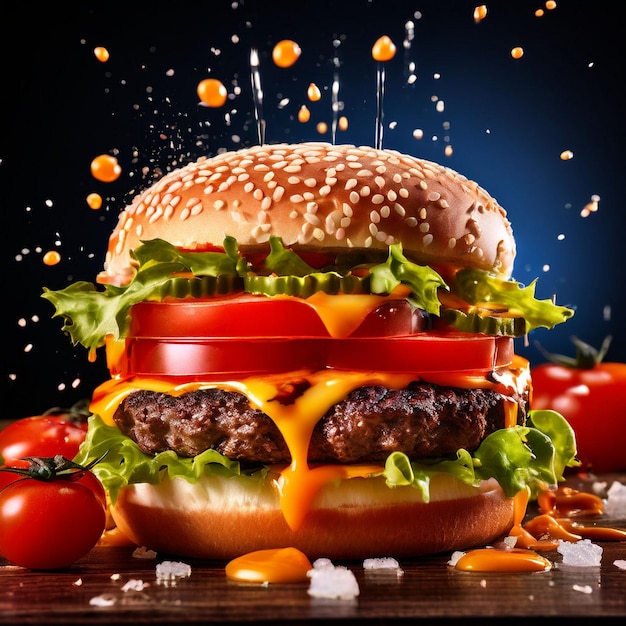 Un vrai hamburger savoureux avec une image de bannière dynamique avec des fromages ozing des morceaux de tomates et des SPLAS suspendus