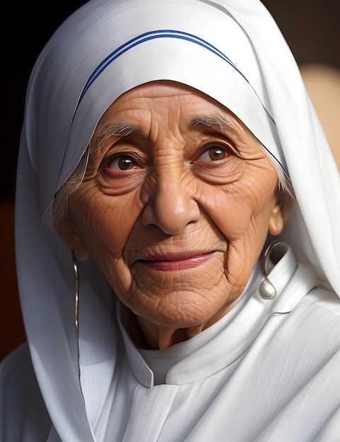 Un vrai visage de Mère Teresa avec un sari blanc généré par ai