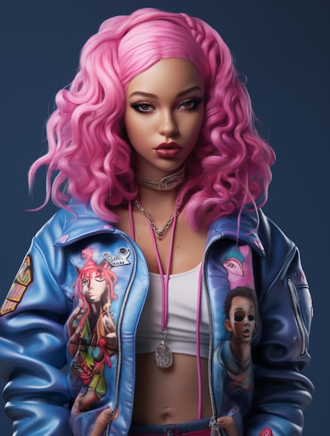 La vraie poupée en plastique blonde avec des cheveux roses portant du hip hop Style Mode et crop top