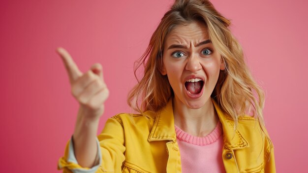 Les vraies émotions d'une femme sur un fond rose isolé