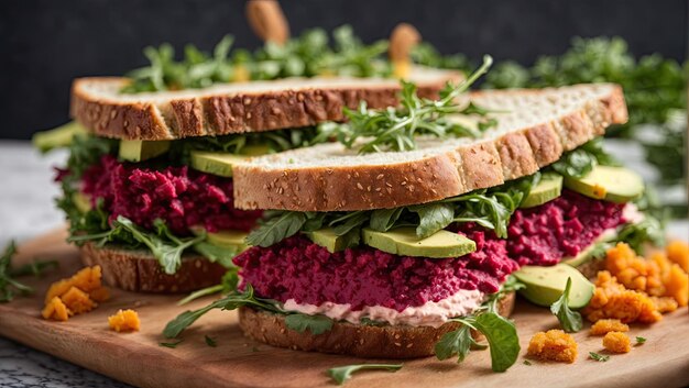 Photo de vrais sandwichs végétaliens avec du hummus de betterave et du sandwich photo de fond