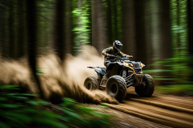 Un VTT filant à travers la forêt avec des arbres qui passent dans un flou créé avec une IA générative