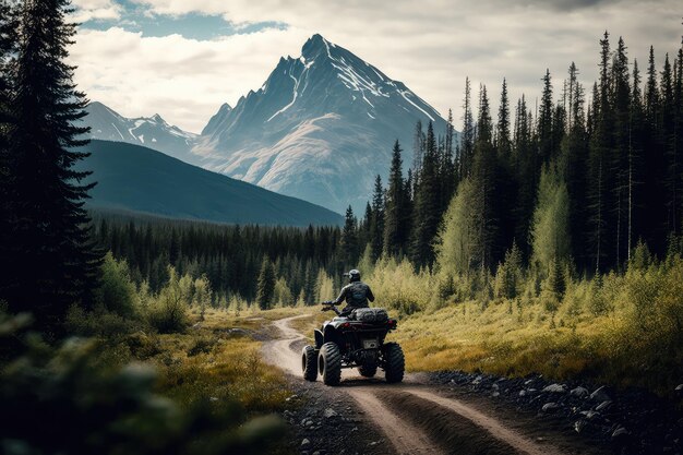 VTT serpentant à travers la forêt avec une montagne pittoresque en arrière-plan