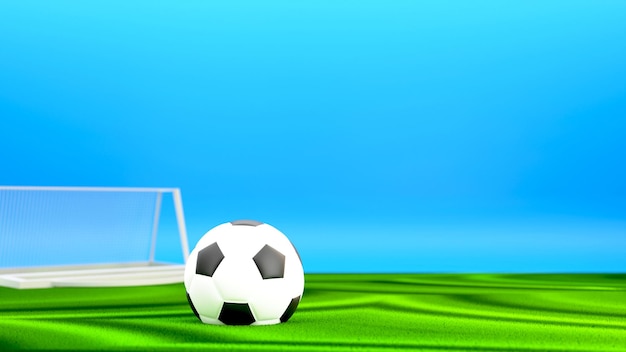 Vue 3D du terrain de jeu de football avec ballon de football et filet de but