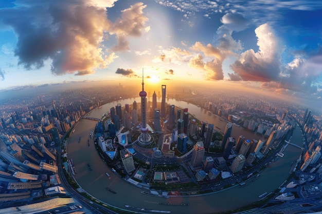 Vue aérienne à 360 degrés du paysage urbain de Shanghai moitié jour et moitié nuit Chine