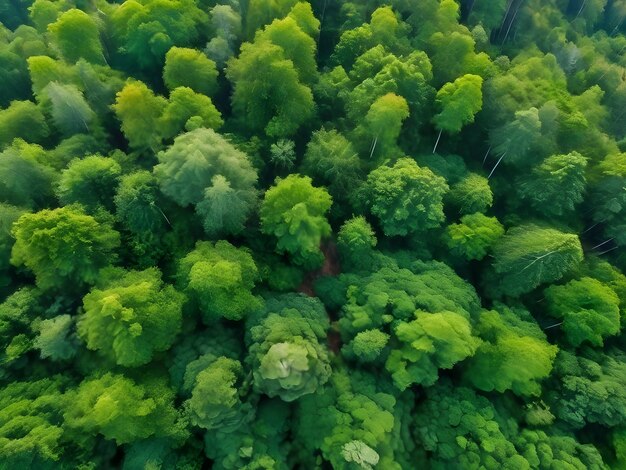 Vue aérienne en 4K d'une forêt verte luxuriante, des sommets d'arbres verts luxuriants