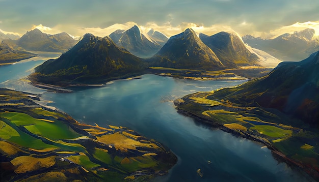 Vue aérienne sur Andalsnes à Sunsise Over Mountain Norway Mountain Landscape Generative Ai
