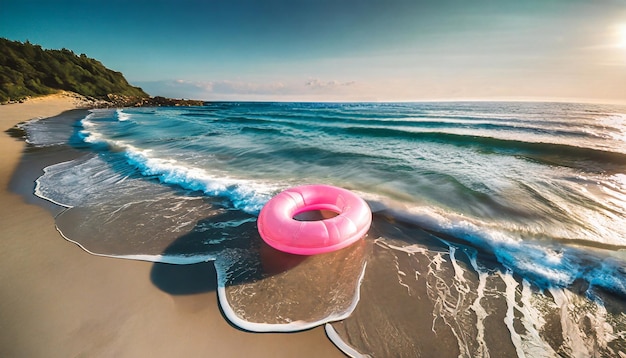 Vue aérienne Anneau de natation rose sur une plage de sable au coucher du soleil