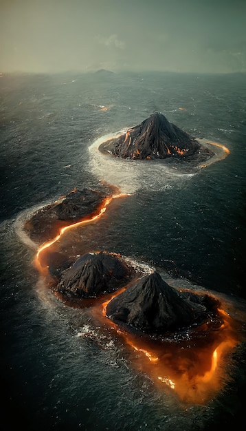 Vue aérienne de l'archipel des petites îles de l'atoll d'éruption dans l'illustration 3D de l'océan