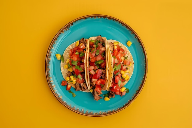 Photo vue aérienne d'une assiette de tacos mexicains frais sur un fond de couleur brillante