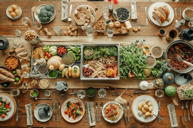 Vue aérienne d'un assortiment varié et coloré de légumes frais biologiques, de viandes et d'herbes