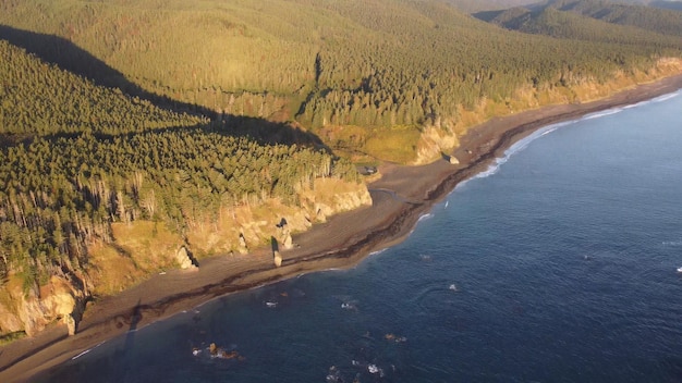 Vue aérienne de l'aube dans le cap Sakhalin BirdRussia