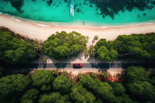 Vue aérienne d'une autoroute avec une voiture rouge roulant le long de la côte en passant par une large plage de forêts vertes et l'océan étincelant sous un ciel ensoleillé Generative AI