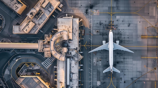 Vue aérienne d'un avion de ligne dans le terminal de l'aéroport entouré d'infrastructures aéroportuaires