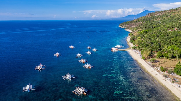 Vue aérienne de la baie et du rivage à Oslob, Cebu, aux Philippines, c’est le meilleur endroit pour faire de la plongée avec tuba et de la plongée sous-marine et observer les requins baleines.