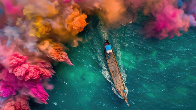 Vue aérienne d'un bateau dans la mer avec des nuages de fumée colorés