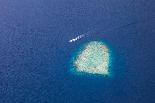 Vue aérienne, bateau lagon océan tropical bleu turquoise, plage de sable blanc, récif corallien de banc de sable