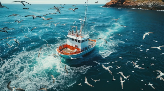 Vue aérienne d'un bateau de pêche dans la mer turquoise