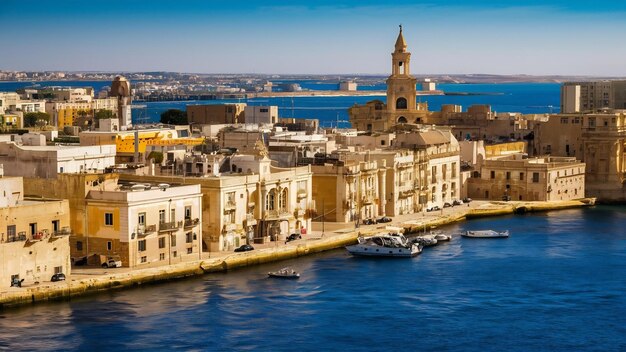 Vue aérienne des bâtiments de la vieille ville près de l'eau à Valletta, Malte