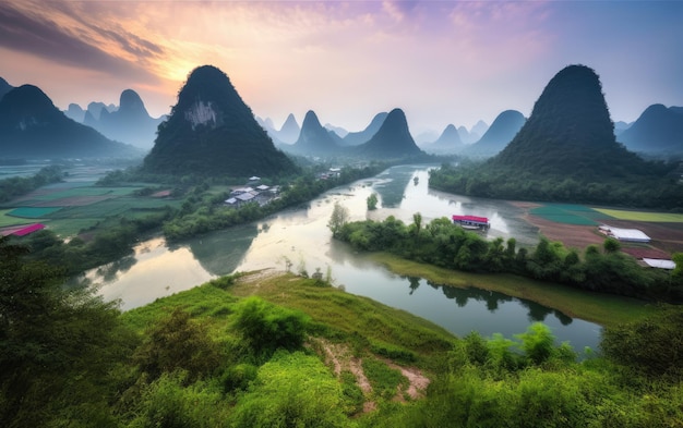 Vue aérienne de beaux paysages naturels de montagne et d'eau à Guilin, Chine