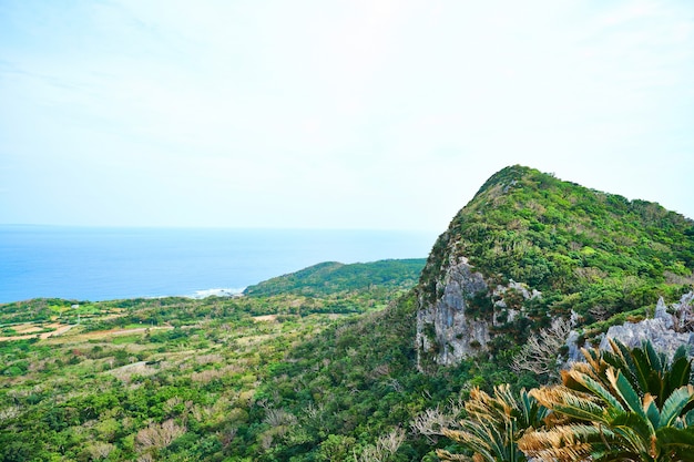 Vue aérienne de la belle colline, niveau de la mer avec un ciel bleu dans le parc Dai Sekirinzan, Okinawa, Japon